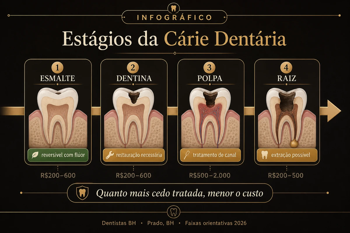 Infográfico dos 4 estágios da cárie dentária — esmalte, dentina, polpa e raiz, Belo Horizonte