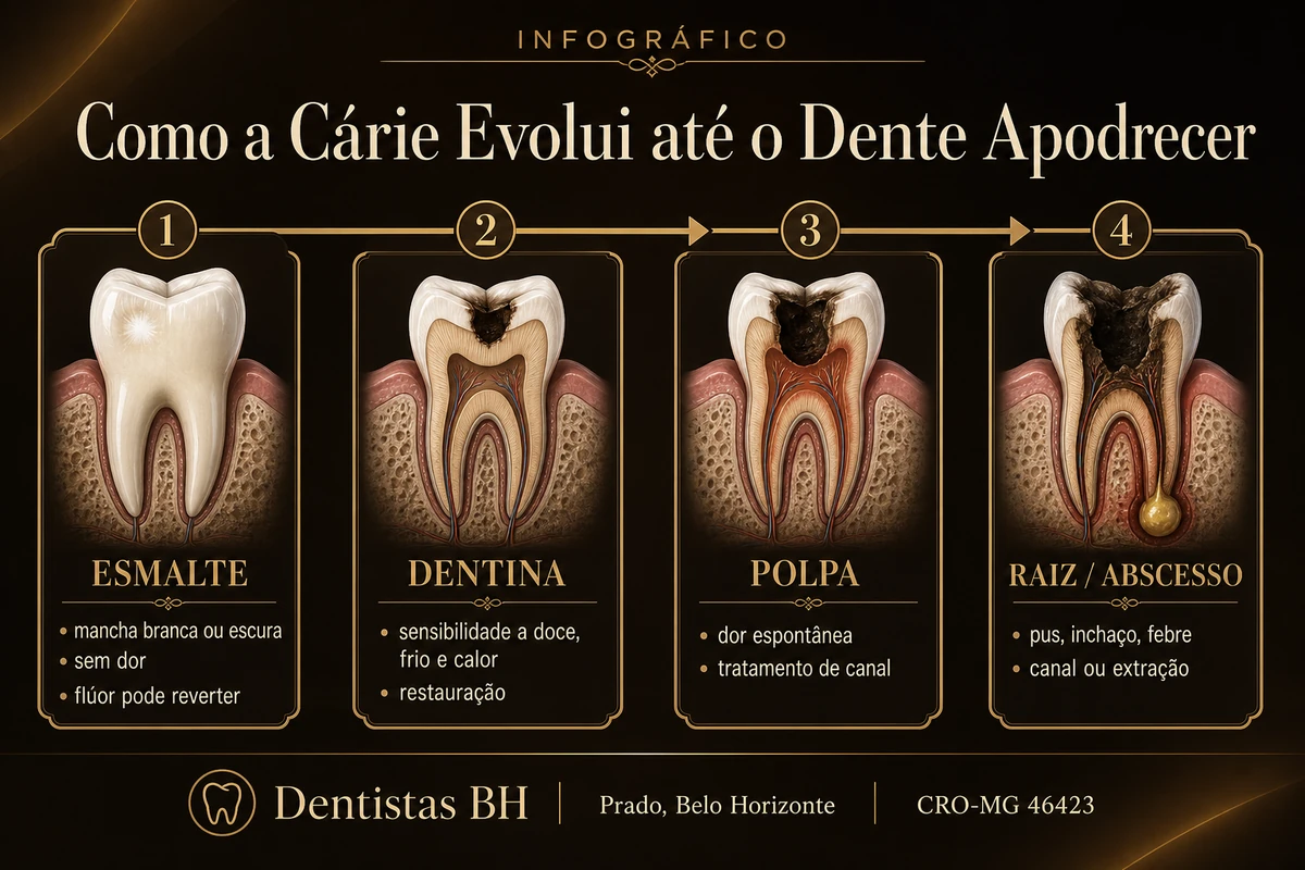 Infográfico da progressão da cárie até o dente podre — esmalte, dentina, polpa e abscesso, Belo Horizonte