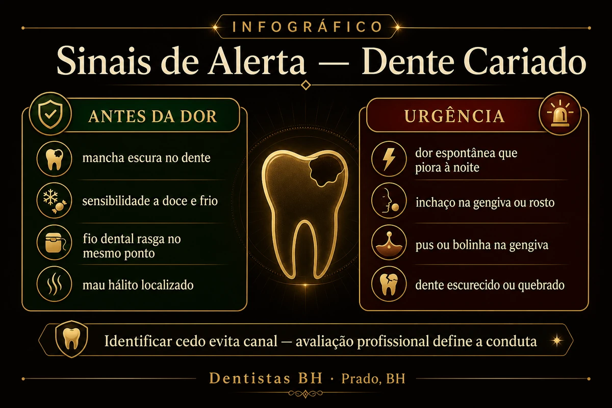 Infográfico de sinais de alerta em dente cariado — antes da dor e sinais de urgência, Belo Horizonte