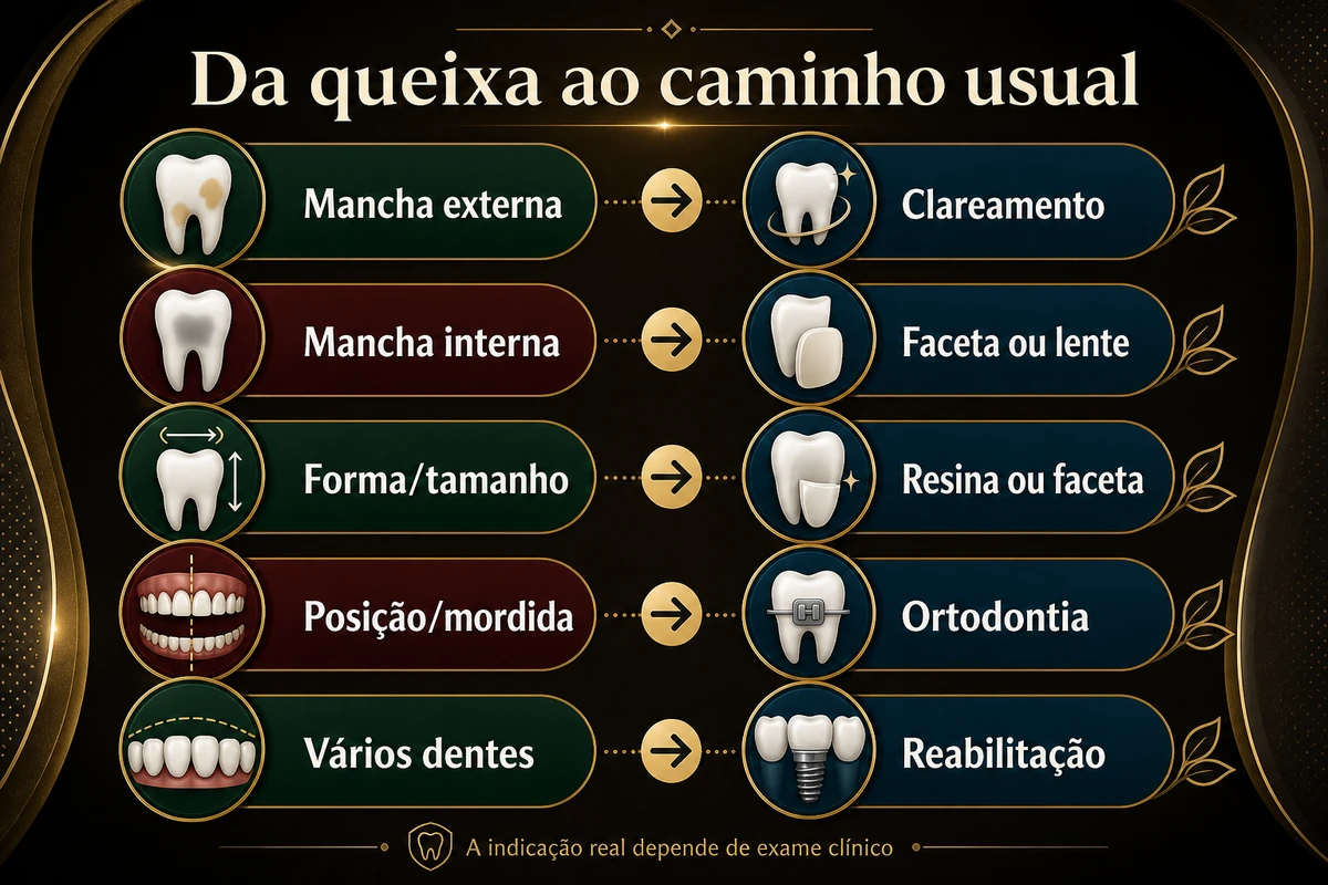 Infográfico de indicação por queixa em estética dental — Dentistas BH, Prado, Belo Horizonte