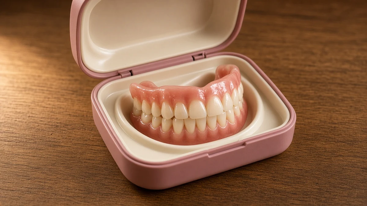 Estojo aberto com dentadura e óculos na mesa. Dentistas BH, Prado, Belo Horizonte.