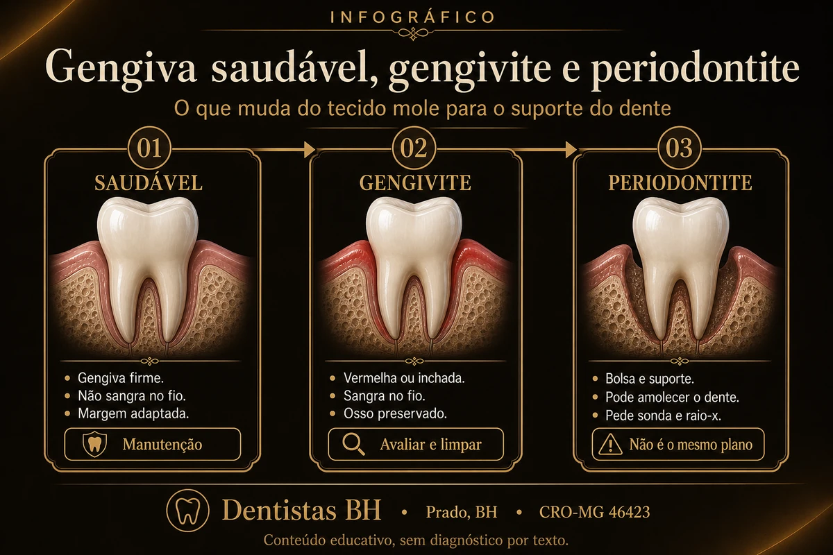 Infográfico: gengiva saudável, gengivite e periodontite, com o momento de procurar avaliação no Prado