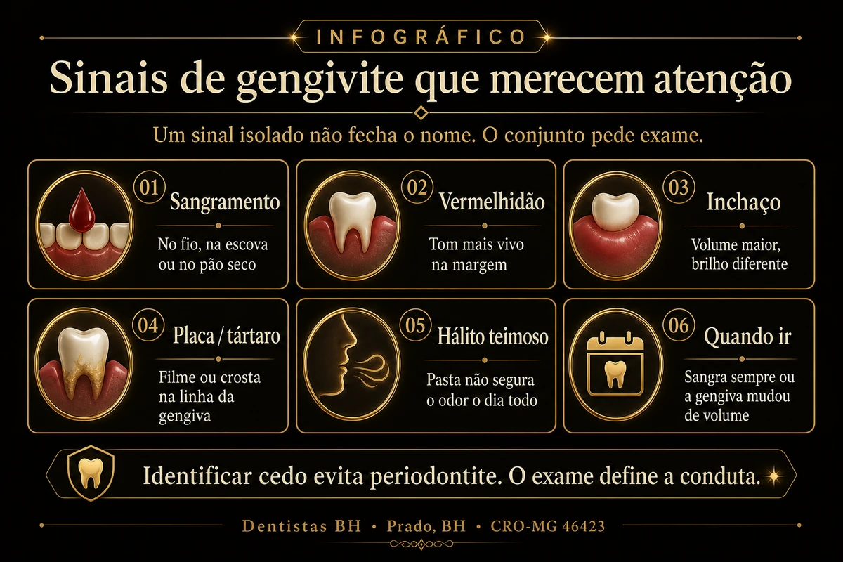 Infográfico dos sinais de gengivite: sangramento, vermelhidão, inchaço, placa, hálito e quando ir ao dentista