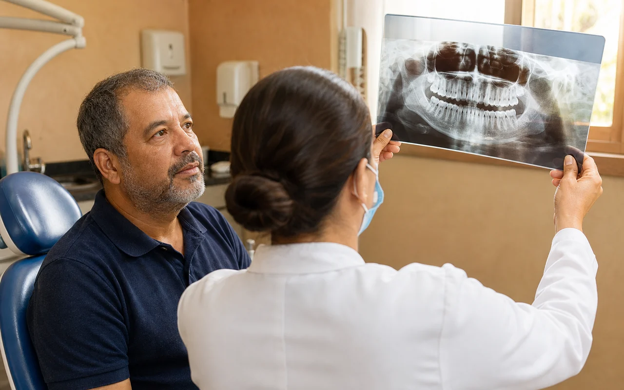 Dra. Aline de Sales Nascimento, de costas e com máscara, segura radiografia panorâmica contra a luz na avaliação para implante — Prado, BH
