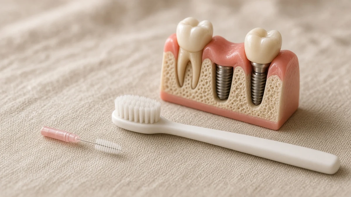 Escova interdental ao lado da coroa. Dentistas BH, Prado.