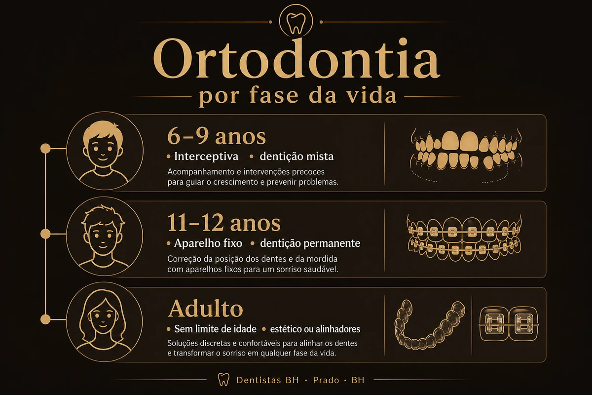 Infográfico — ortodontia por fase da vida: interceptiva, fixo e adulto — Dentistas BH, Prado