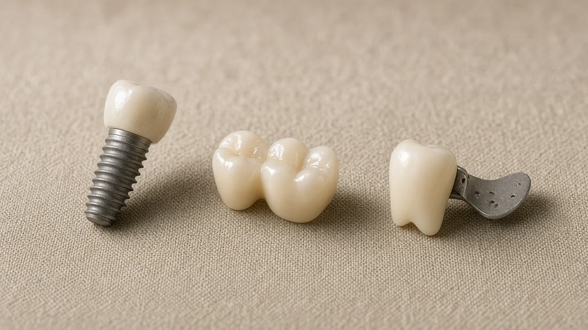 Implante, ponte e dente com aletas lado a lado. Dentistas BH, Prado.