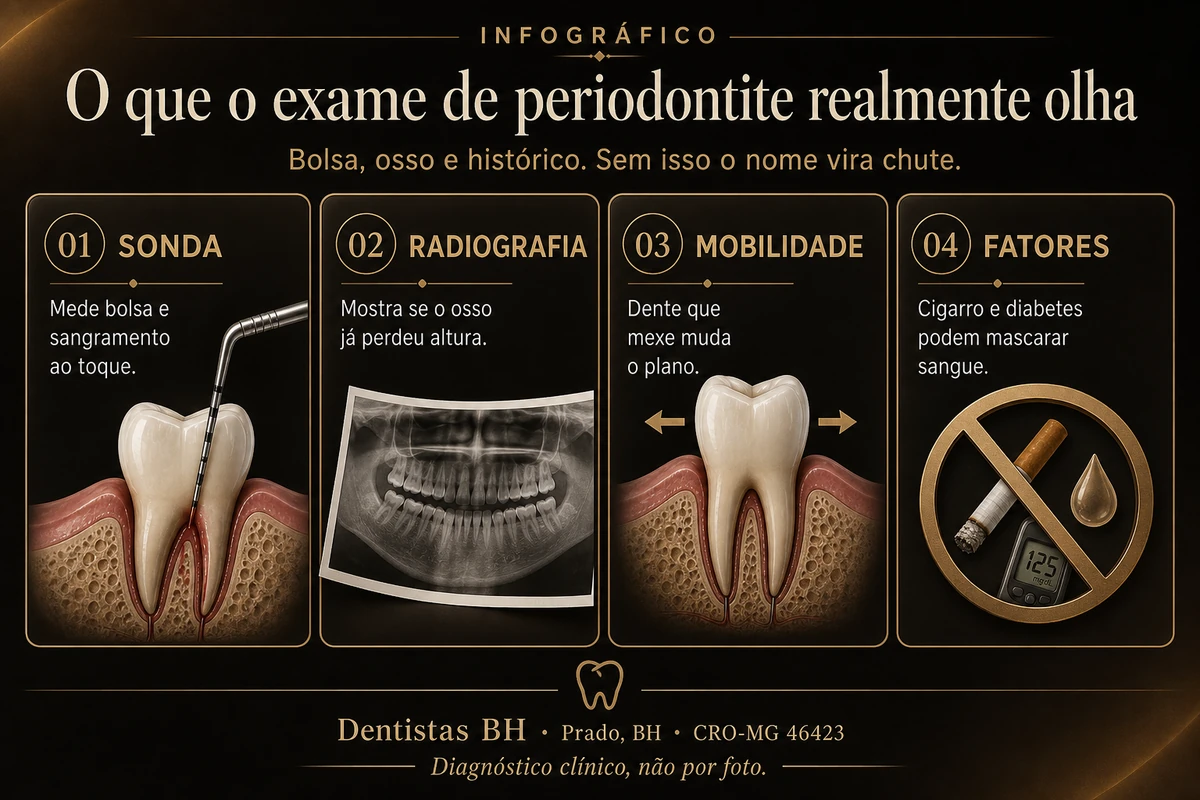 Infográfico do exame de periodontite: sonda, radiografia, mobilidade e fatores que mascaram sangramento