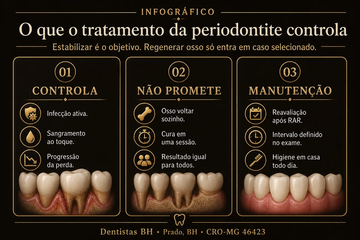 Infográfico do que o tratamento da periodontite controla, o que não promete e a manutenção
