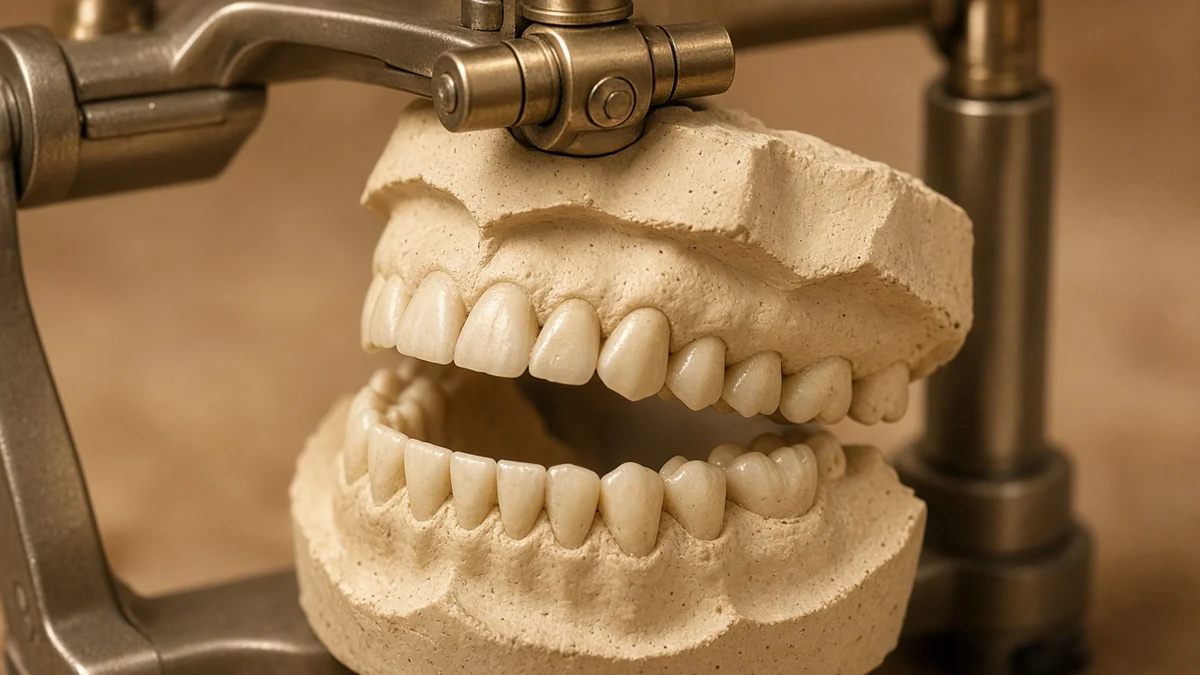 Articulador com modelos superior e inferior. Dentistas BH, Prado, Belo Horizonte.