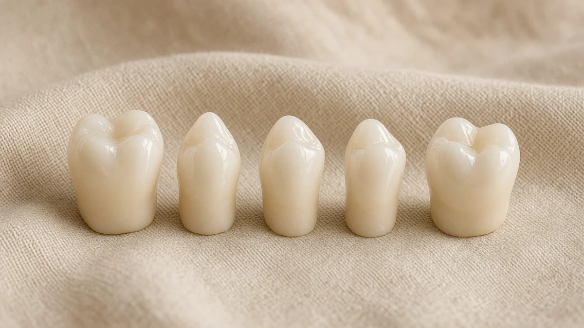 Coroas de implante alinhadas sobre o pano. Dentistas BH, Prado.