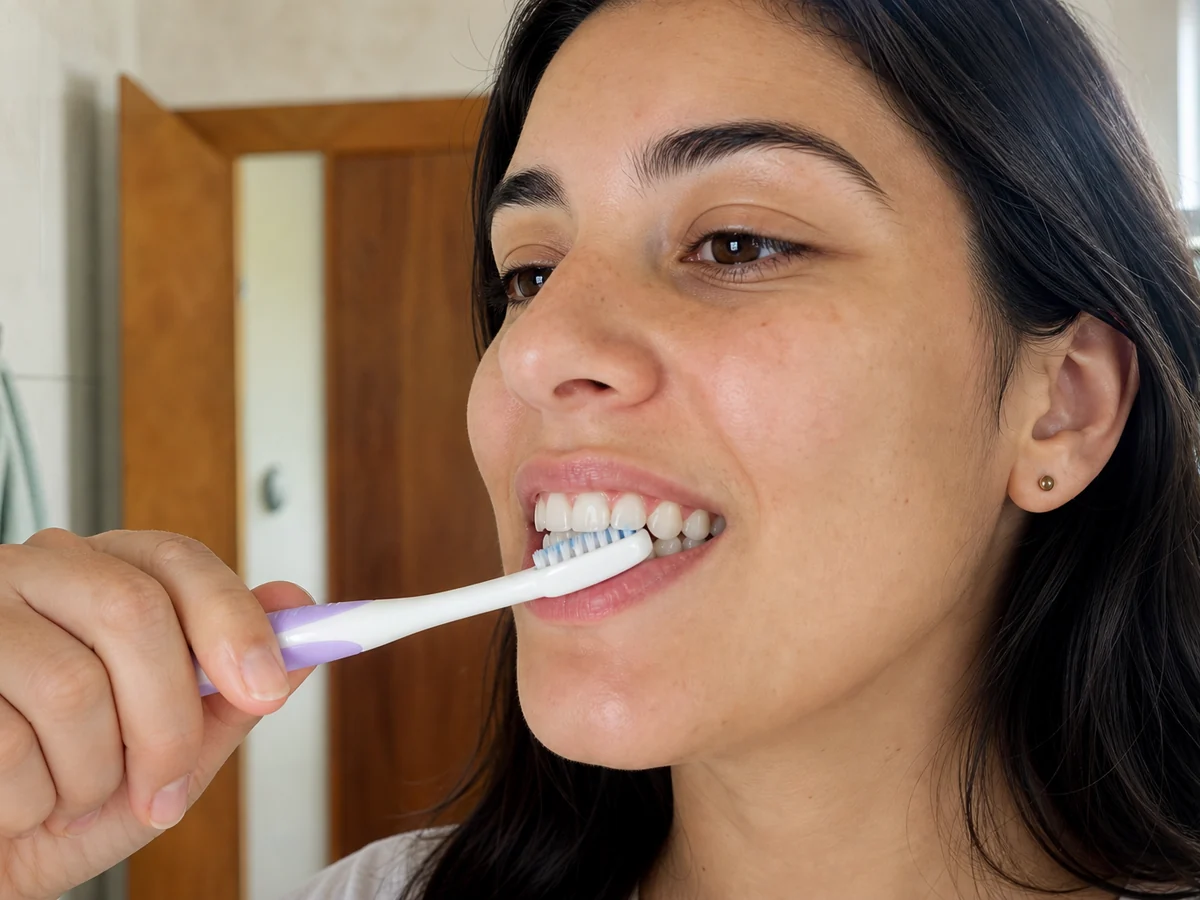 Técnica correta de escovação — 45° na gengiva, 2 minutos, 3 vezes ao dia