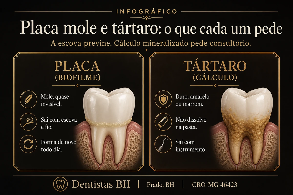Infográfico comparando placa mole e tártaro mineralizado: o que sai em casa e o que pede consultório
