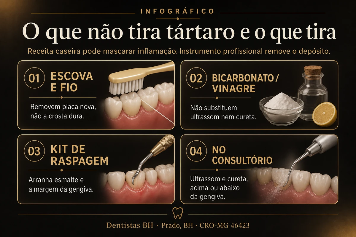 Infográfico do que não remove tártaro (escova, caseiro, kit) e o que remove no consultório