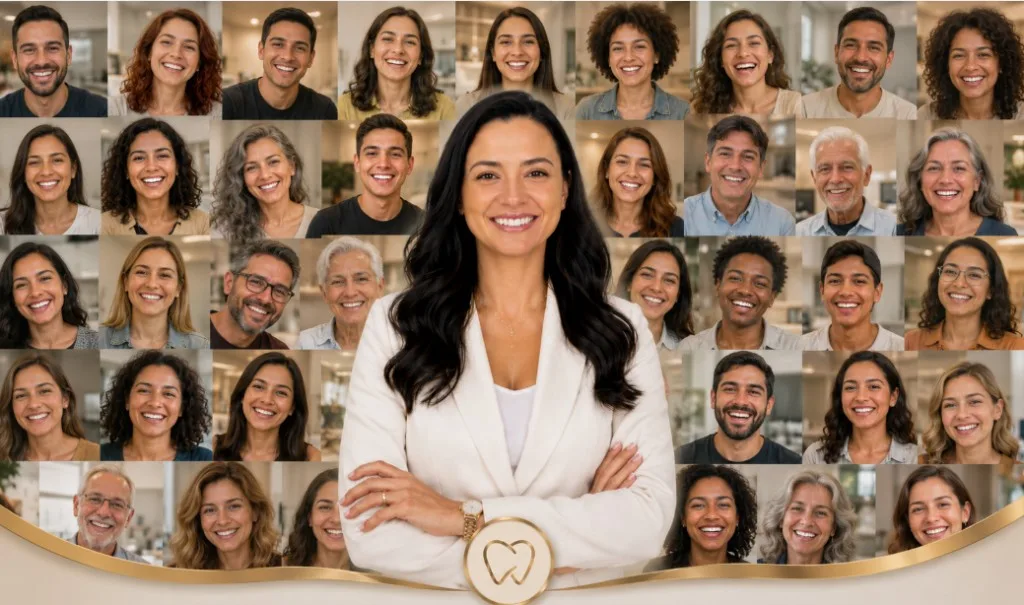 Dra. Aline de Sales Nascimento com mosaico de pacientes satisfeitos — atendimento odontológico humanizado no Prado, Belo Horizonte