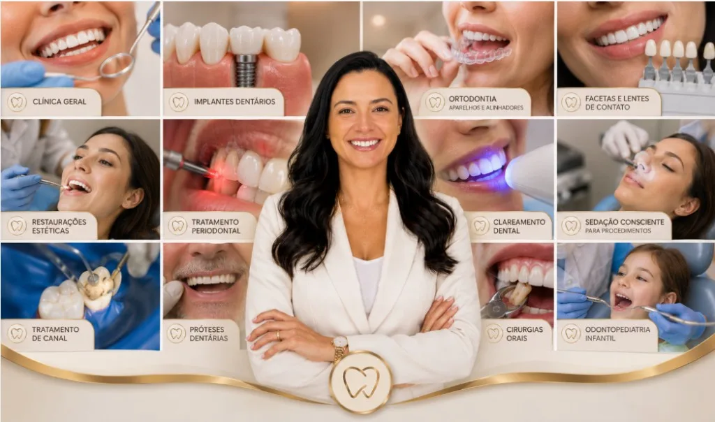 Tratamentos odontológicos na Dentistas BH — clínica geral, implantes, ortodontia, facetas, clareamento, canal, próteses e mais, com Dra. Aline de Sales Nascimento no Prado, Belo Horizonte