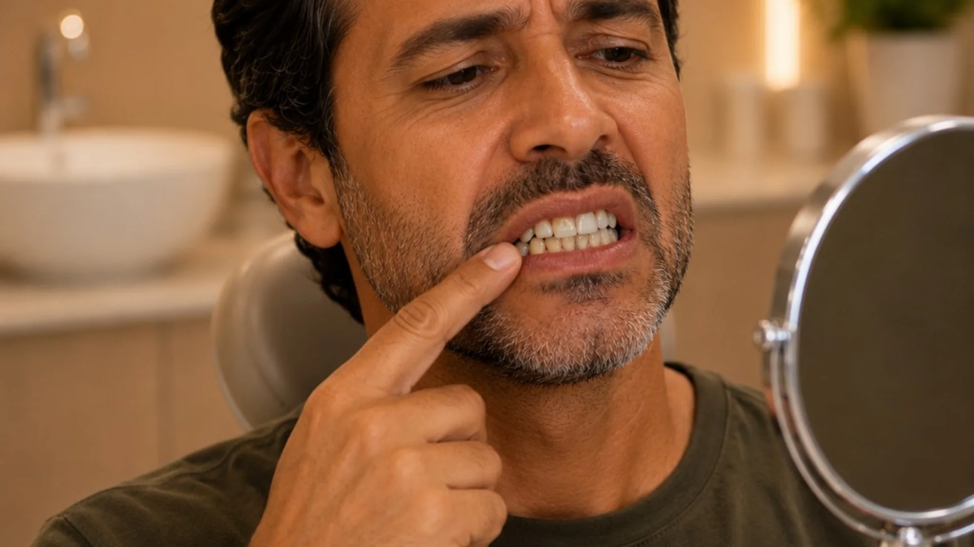Mesma persona da capa — preocupação com formato e cor dos dentes ao olhar no espelho, Prado, BH