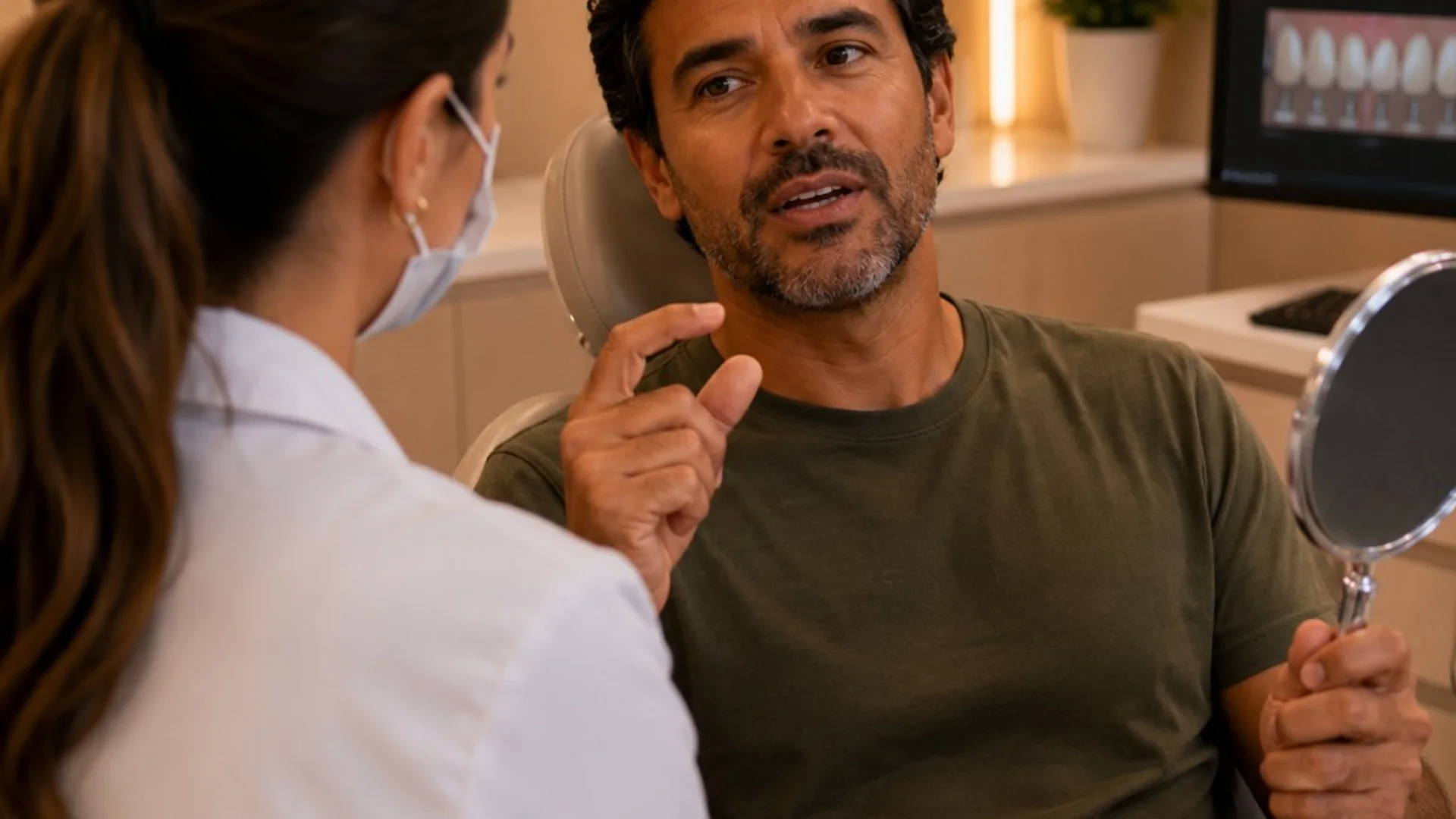 Medo de facetas artificiais — reconhecer a dúvida antes de decidir, Dentistas BH Mesma persona da capa conversando sobre medo de resultado exagerado na consulta — Dentistas BH, Prado, BH