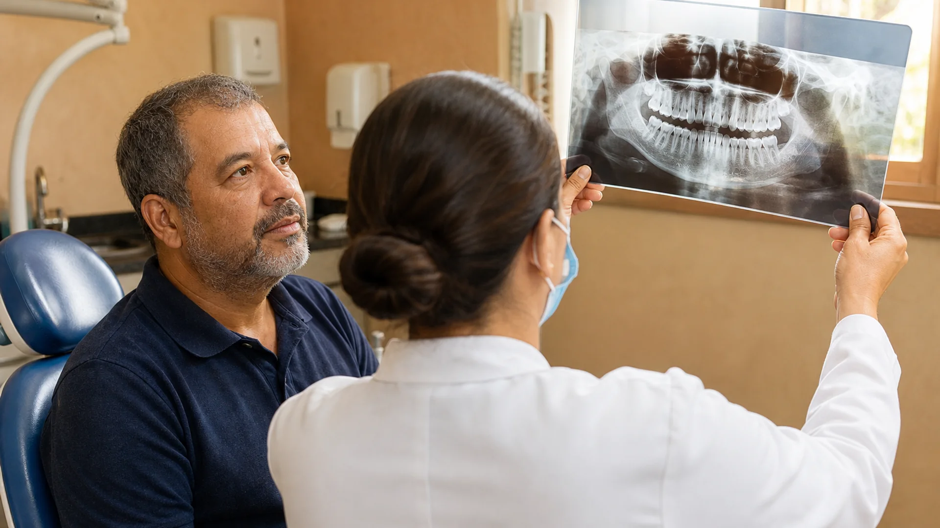 Avaliação com radiografia para implante dentário — Dentistas BH, Prado Dra. Aline de Sales Nascimento, de costas e com máscara, segura radiografia panorâmica contra a luz na avaliação para implante — Prado, Belo Horizonte