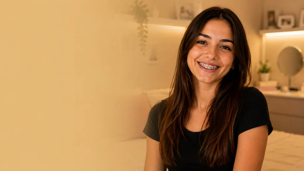 Juliana sorrindo com aparelho fixo — ortodontia para adultos no Prado, Belo Horizonte