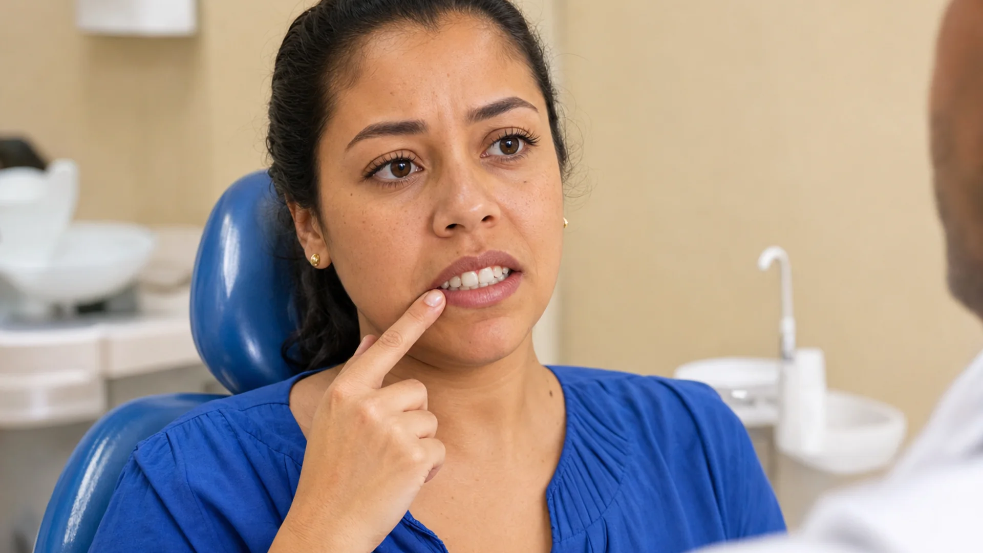 Luciana na consulta — mostra gengiva sensível e acúmulo de tártaro antes da limpeza dental no Prado