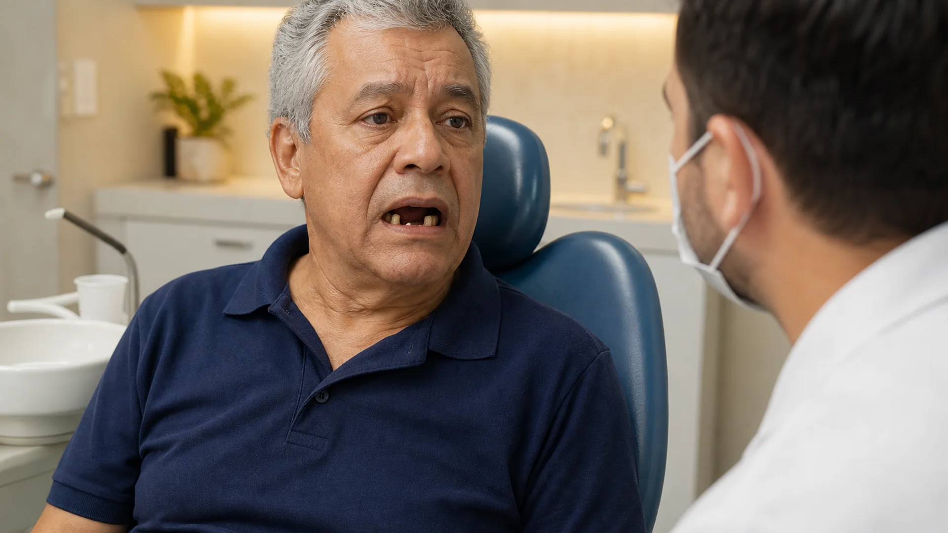 João — mesma pessoa da capa, mostrando a dificuldade com perdas dentárias na avaliação com a dentista
