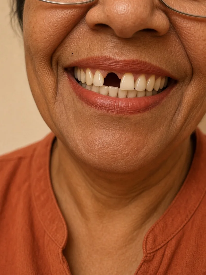 Close do sorriso com dente da frente ausente. Dentistas BH, Prado, Belo Horizonte. Resultados individuais podem variar.