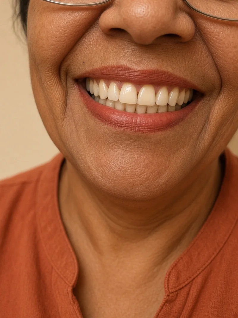 Close do mesmo sorriso com a arcada reabilitada. Dentistas BH, Prado, Belo Horizonte. Resultados individuais podem variar.