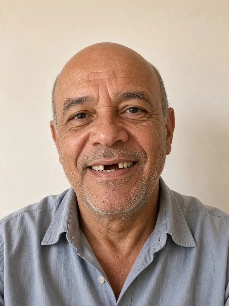 Homem calvo com espaço nos dentes da frente. Dentistas BH, Prado, Belo Horizonte. Resultados individuais podem variar.