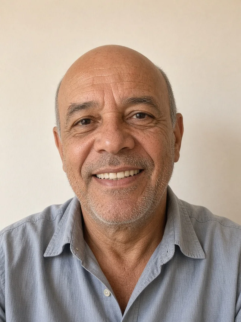 O mesmo homem com a arcada da frente reabilitada. Dentistas BH, Prado, Belo Horizonte. Resultados individuais podem variar.