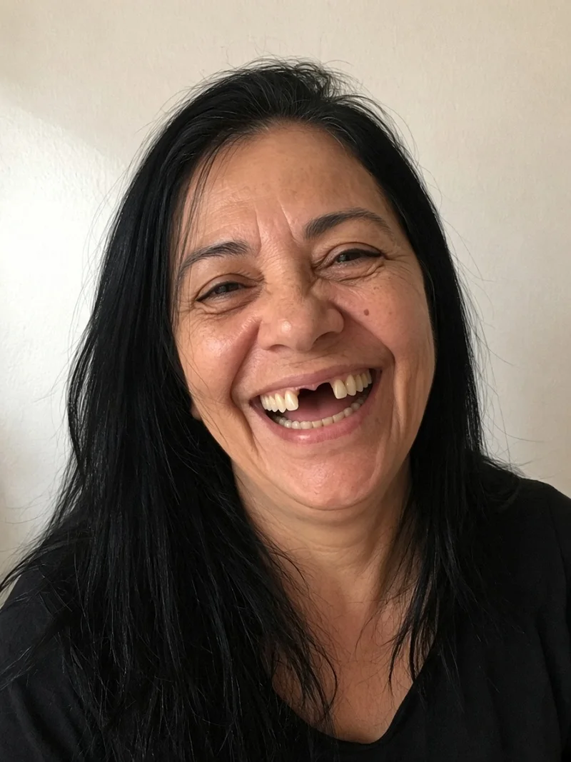 Mulher de cabelo escuro rindo, com espaço na arcada. Dentistas BH, Prado, Belo Horizonte. Resultados individuais podem variar.