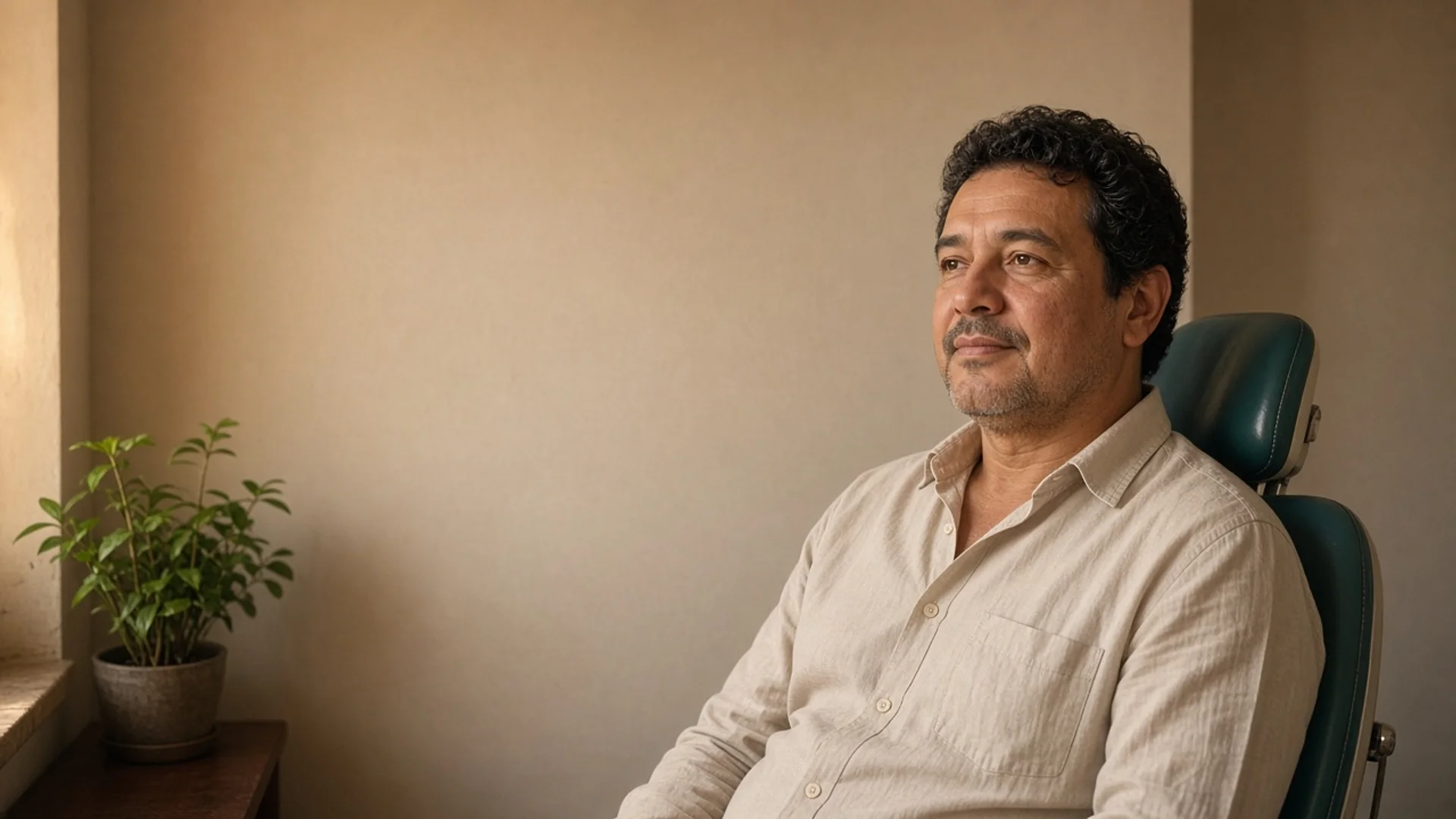 Homem sentado na cadeira do consultório, em luz quente, no Prado, Belo Horizonte — Dentistas BH