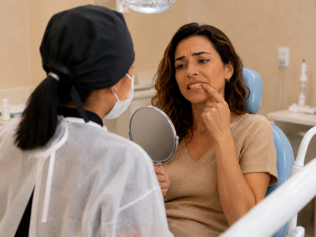 Paciente na consulta mostrando dentes amarelados para a dentista no consultório do Prado, Belo Horizonte