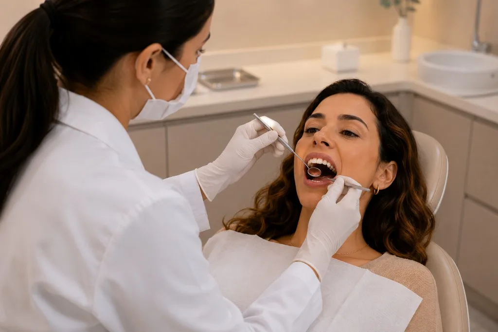 Dentista examinando dentes do paciente com espelho e sonda na avaliação para clareamento no Prado, Belo Horizonte