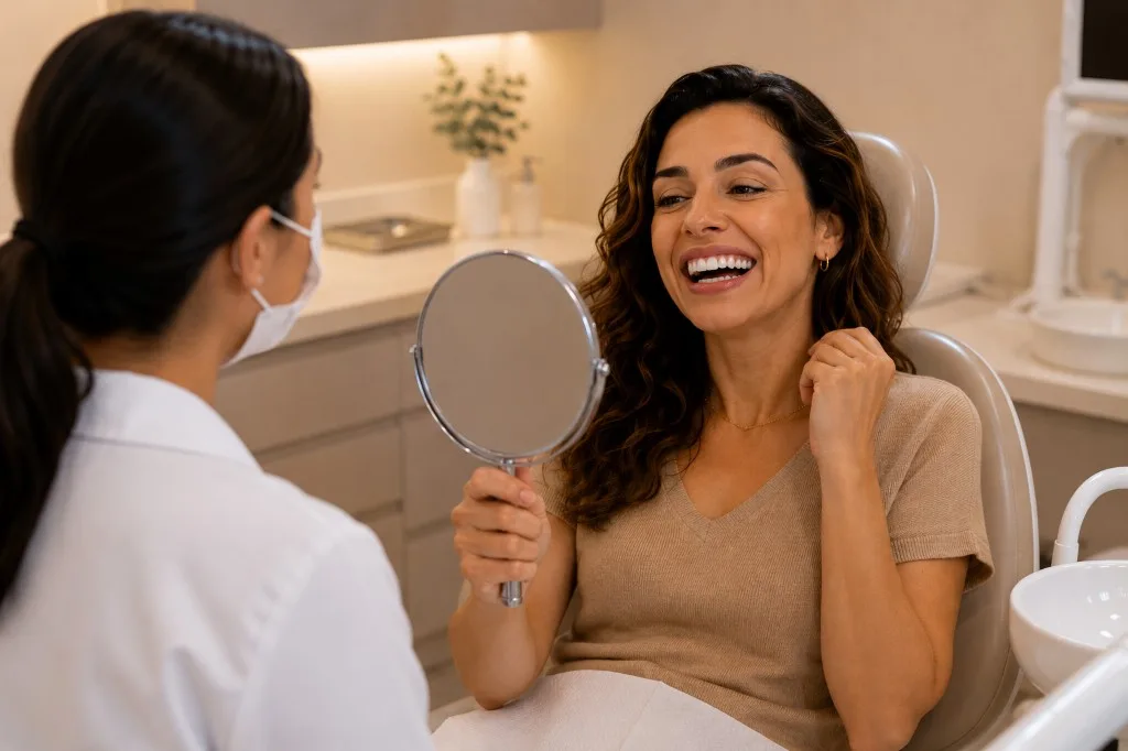 Paciente sorrindo ao ver o resultado do clareamento no espelho — consultório Dentistas BH no Prado, Belo Horizonte