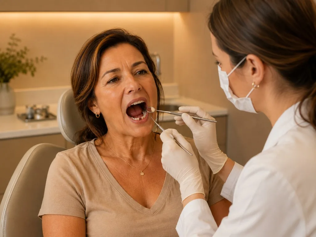 Dentista avaliando paciente com dente ausente na mandíbula — consulta para implante dentário no Prado, Belo Horizonte