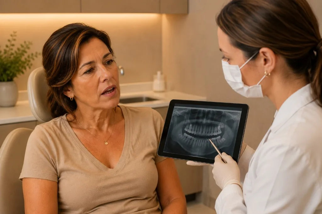 Dra. Aline de Sales Nascimento explicando radiografia panorâmica na avaliação para implante dentário — consultório no Prado, Belo Horizonte