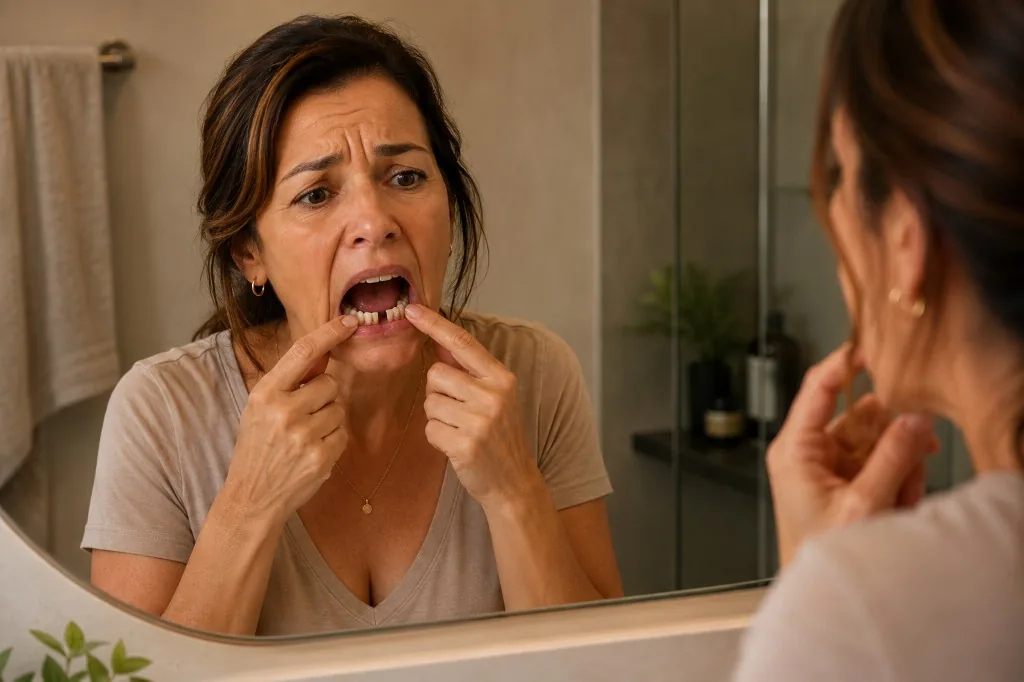 Mulher preocupada ao observar dente ausente no espelho em casa — medo comum antes de buscar implante dentário em Belo Horizonte