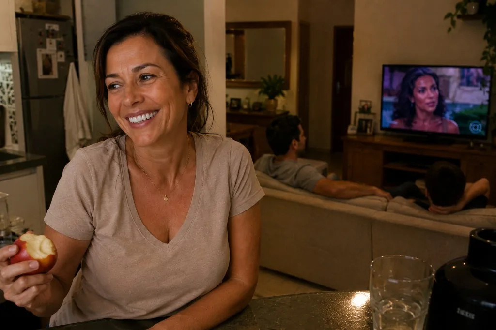 Paciente sorrindo ao mastigar maçã em casa — função restaurada com implante dentário no Prado, Belo Horizonte