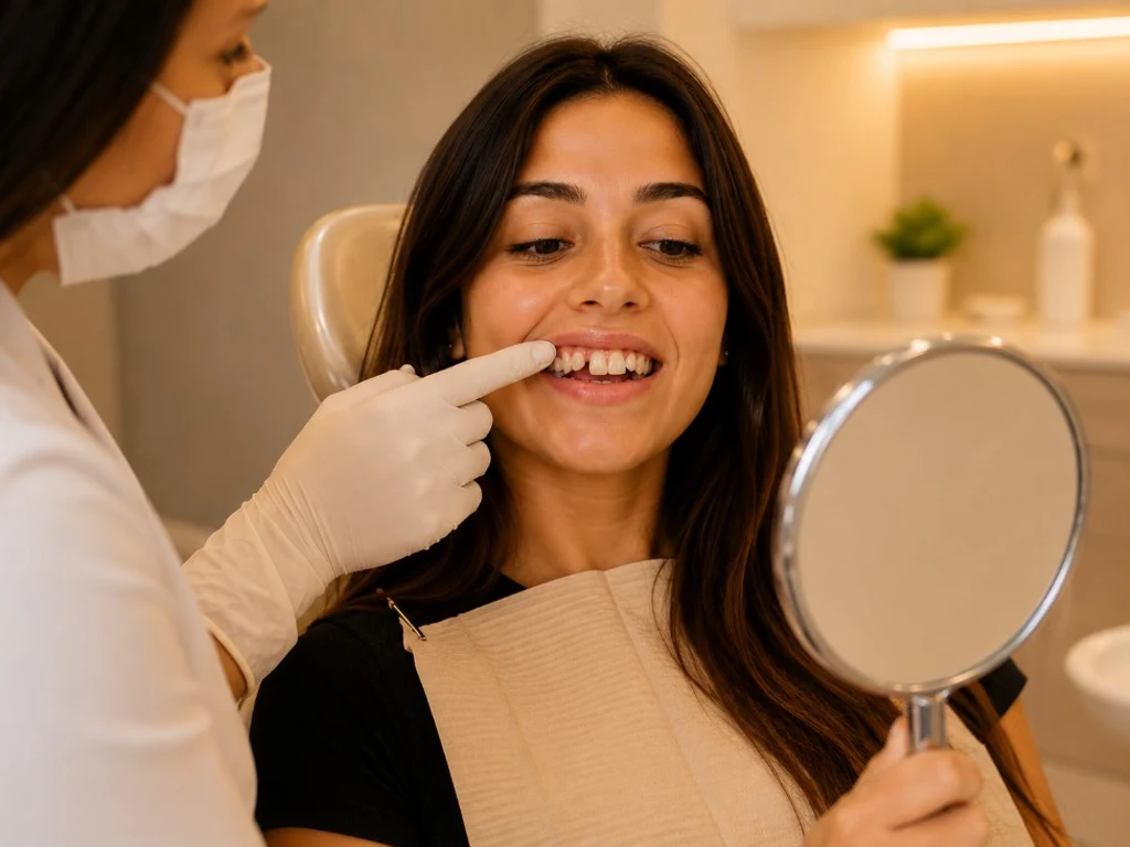 Juliana na consulta — dentista aponta o espaço entre os dentes diante do espelho, Prado, Belo Horizonte