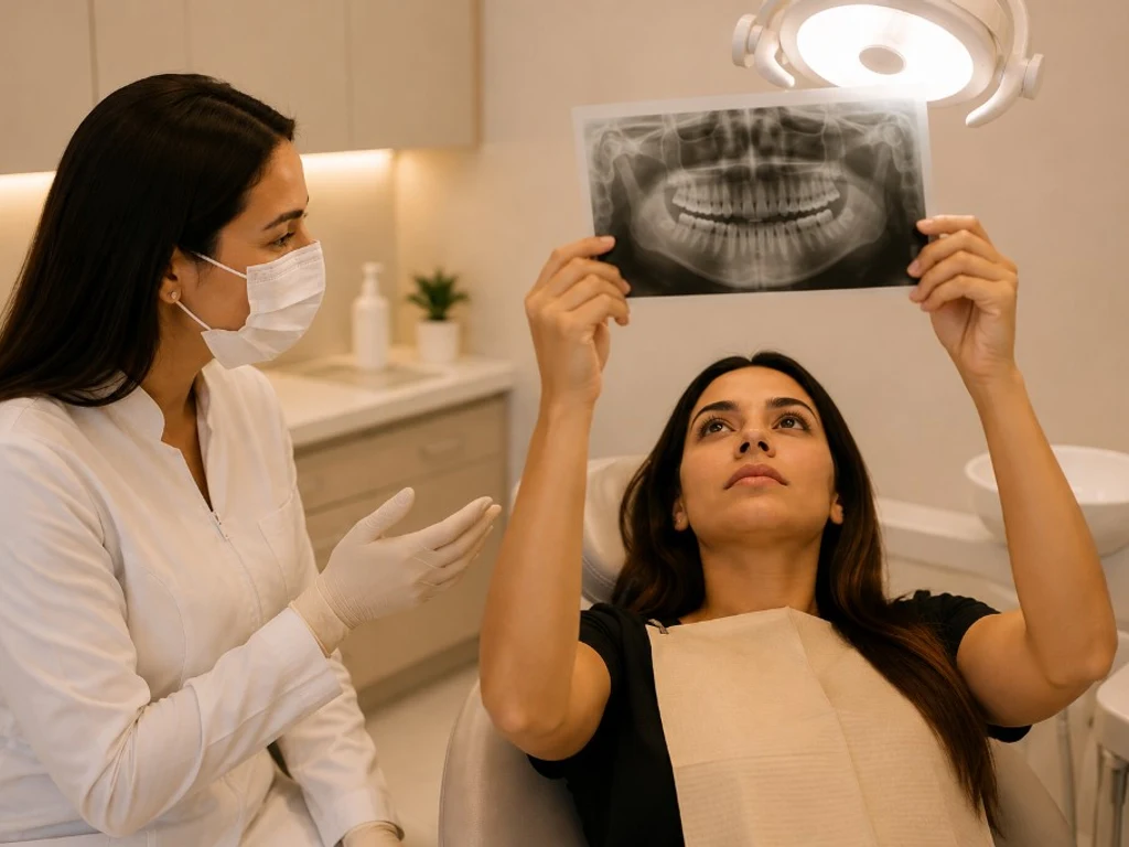 Juliana na avaliação — radiografia panorâmica explicada pela dentista na cadeira, Prado, Belo Horizonte