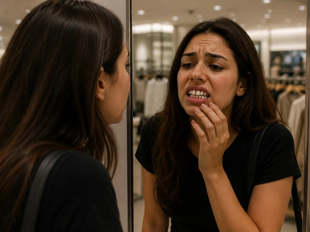 Juliana preocupada ao olhar os dentes no espelho — medo comum antes de buscar ortodontia em Belo Horizonte