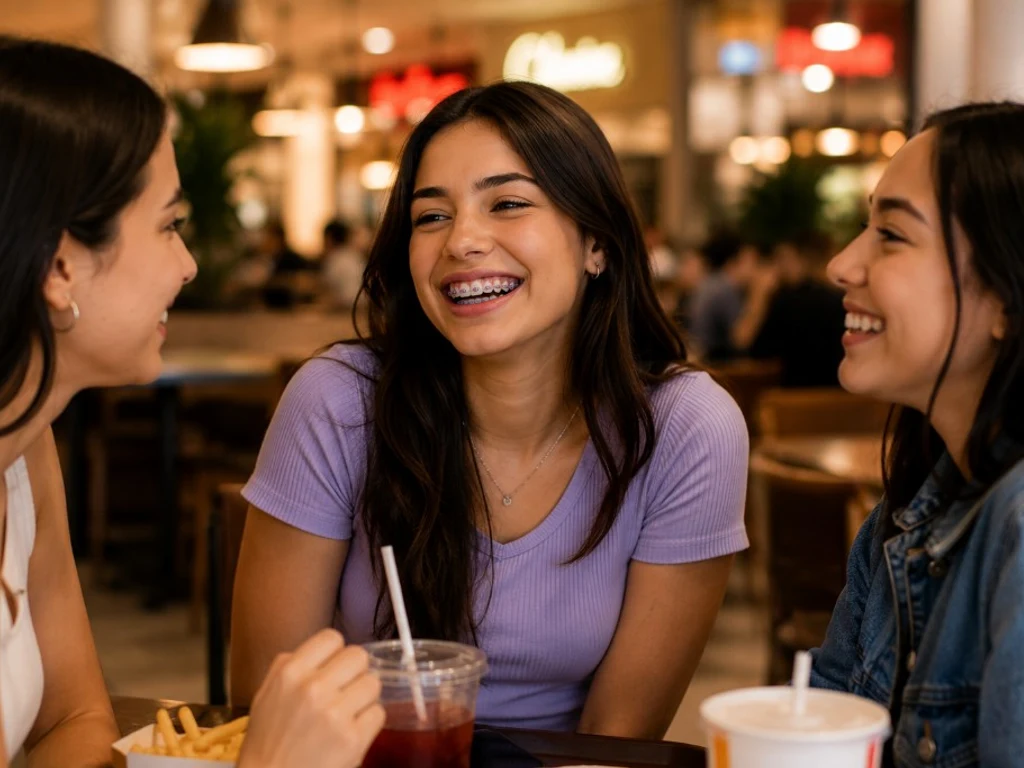 Juliana rindo com aparelho fixo entre amigas na praça de alimentação — ortodontia no dia a dia, Belo Horizonte